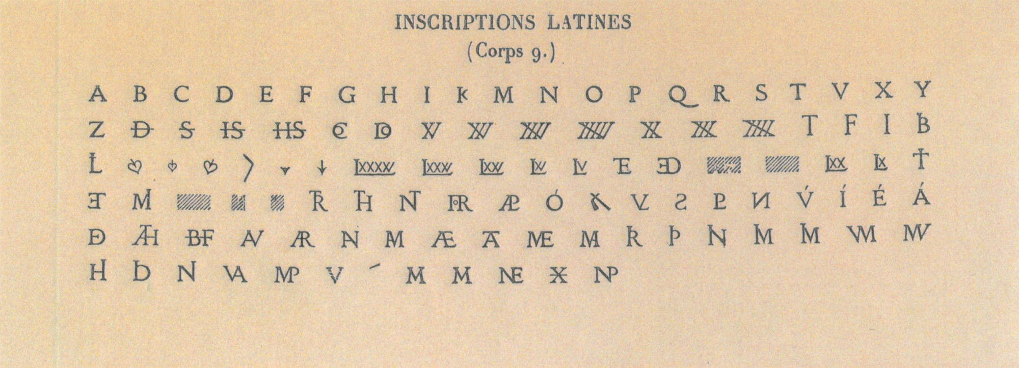 Latin épigraphique, avec cinq frustes et un V majuscule abîmé, corps 9, 1854