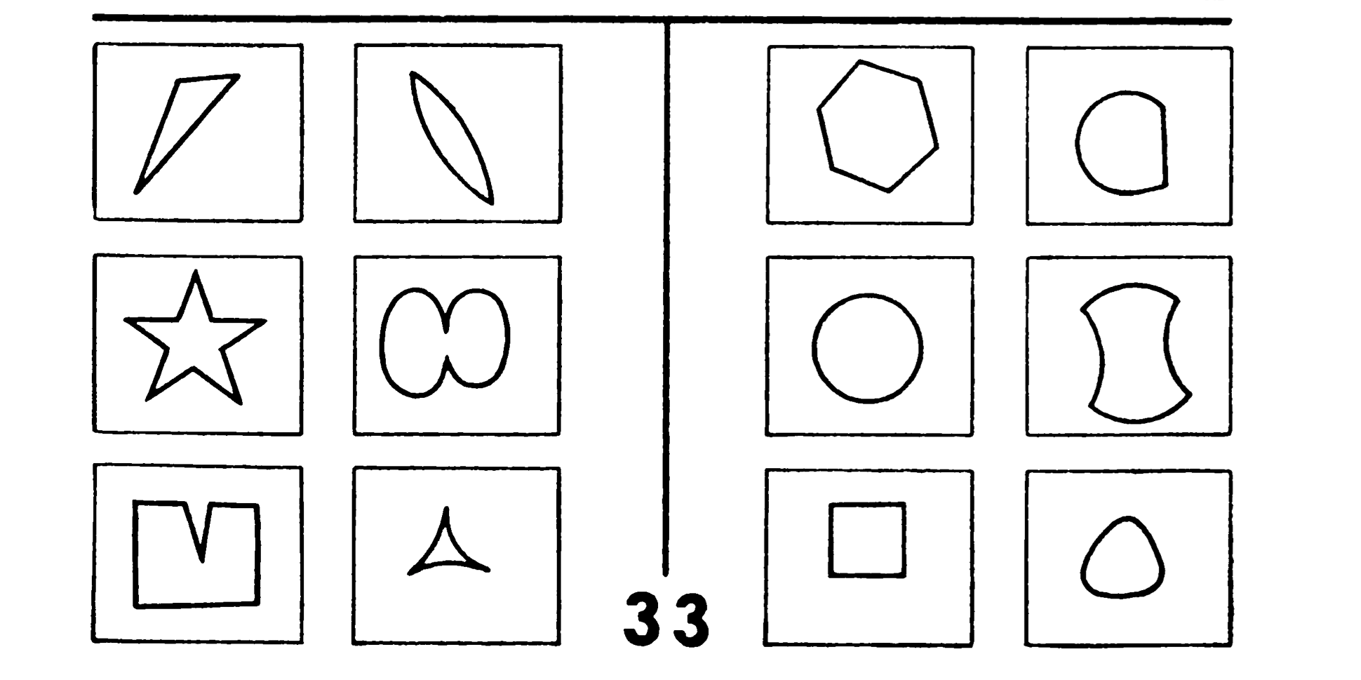 Planche de l’appendice de l’ouvrage Pattern Recognition de Bongard. No 33 : angles aigus / sans angles aigus.